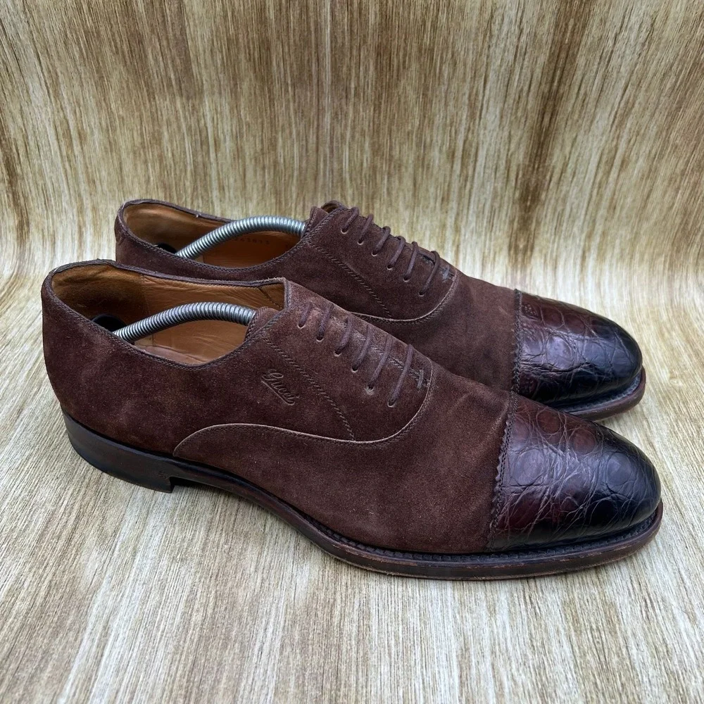 Gucci Crocodile Cap Toe Oxfords Men's Size 10 Brown Suede Made In Italy